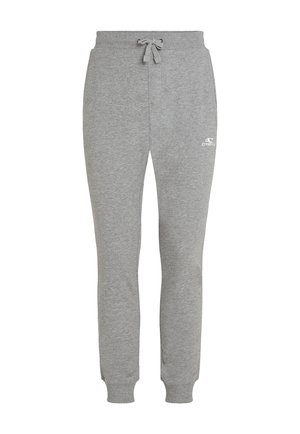 Grijze sweatpants van zacht materiaal, met een trekkoord in de taille, taps toelopende benen en een klein wit logo aan de linkerzijde.