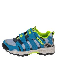 Chaussures d'extérieur pour enfants en bleu et gris avec des bandes auto-agrippantes, des accents vert citron, un mesh respirant et une semelle en caoutchouc texturée.
