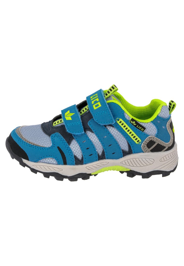 Chaussures d'extérieur pour enfants en bleu et gris avec des bandes auto-agrippantes, des accents vert citron, un mesh respirant et une semelle en caoutchouc texturée.