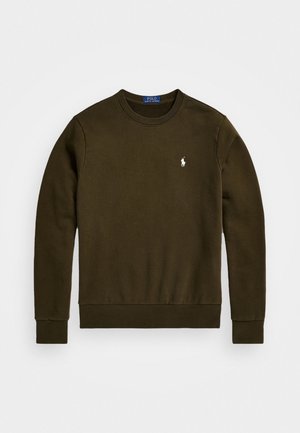 Ciemnozielona bluza z długim rękawem i okrągłym dekoltem z małym białym logo Polo Ralph Lauren na lewej piersi.