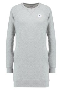 Graues Sweatshirtkleid mit Rundhalsausschnitt, Raglanärmeln und geripptem Saum. Verfügt über ein lila Sternlogo-Patch auf der Brust.