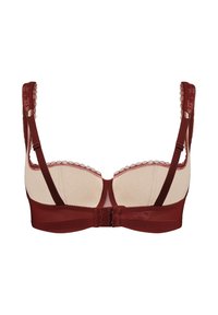 Biustonosz z koronką, o bordowej bazie i cielistych miseczkach, z regulowanymi ramiączkami i zapięciem na trzy haftki z tyłu. Tkanina o fakturze i zakrzywiony fason.