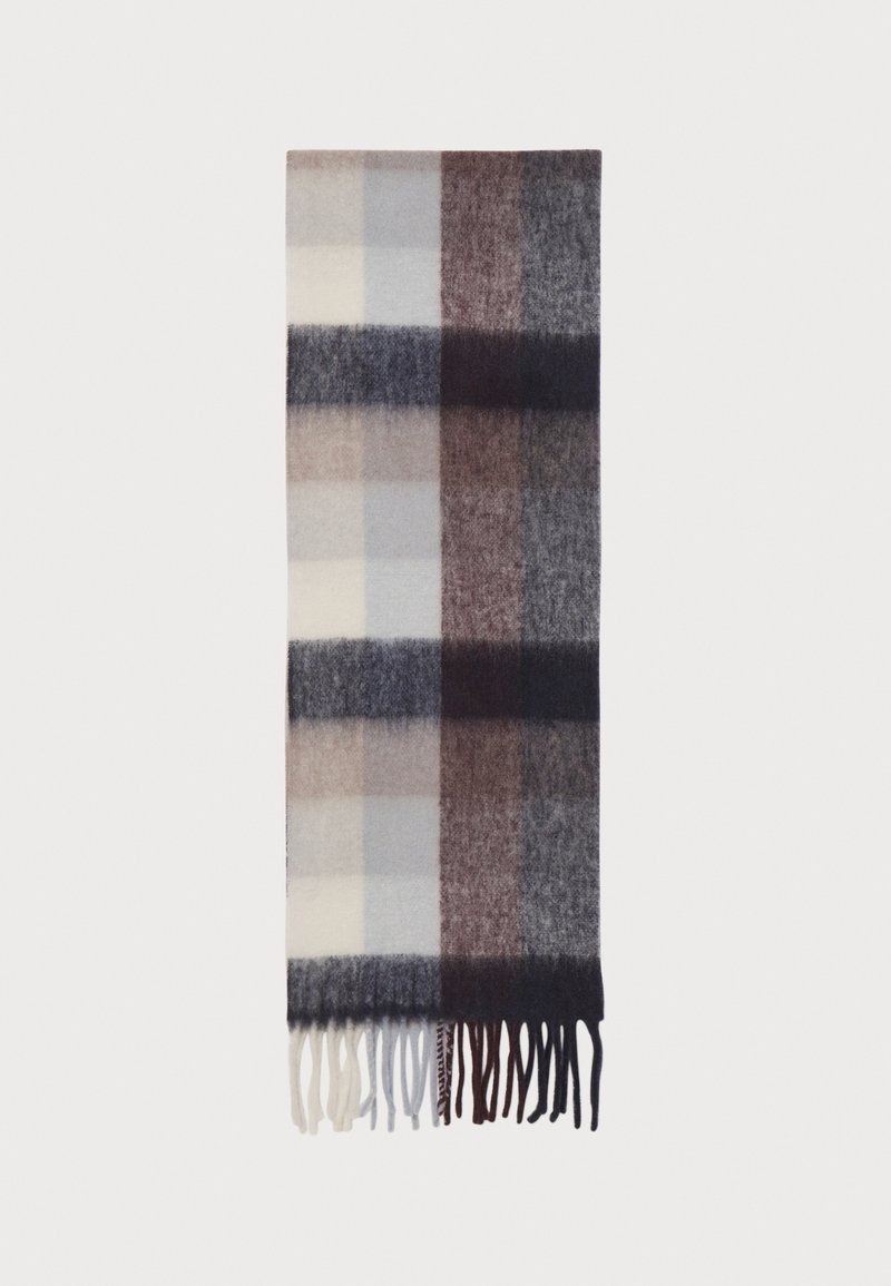 Wool scarf with a plaid design in shades of cream, brown, and gray, featuring frayed edges and a soft texture.