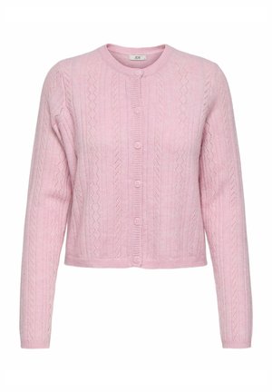 Cardigan en maille rose clair avec un col rond, des manches longues, six boutons devant, un motif texturé, et une bordure côtelée aux ourlets et aux poignets.