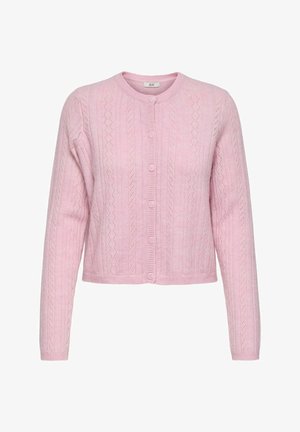 Light pink knitted cardigan featuring a round neck, full sleeves, six front buttons, textured pattern, and ribbed hem and cuffs.