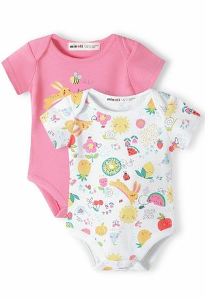 Set di due body per neonati: uno rosa con una grafica di coniglio e ape, l'altro bianco con motivi floreali e animali colorati; materiale in cotone.