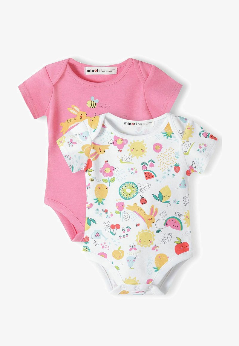 Du komplektas kūdikių romperių: vienas roželės spalvos su triušio ir bitės grafika, kitas baltas su spalvingais gėlių ir gyvūnų raštais; medvilninė medžiaga.