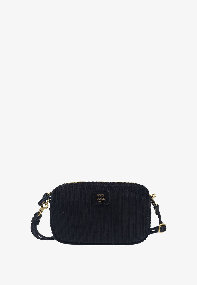 Sac bandoulière en velours côtelé noir de forme rectangulaire, avec une fermeture éclair dorée et un logo en relief. Sangle ajustable et surface texturée.
