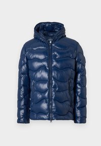 Jachetă puffer albastru marin cu finisaj lucios, cu glugă, închidere frontală cu fermoar și design matlasat. Are două buzunare laterale. Textură moale.