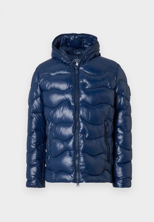 Navy blue puffer jacket with glossy finish, hood, front zip closure, and quilted design. Features two side pockets. Soft texture.