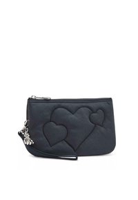 Black wristlet pouch with three stitched hearts on the front and a silver zipper pull with a small charm.