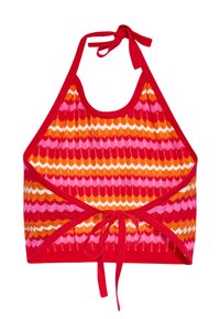 Top corto rosso a triangolo con motivo a zigzag nei colori rosa, arancione e giallo. Presenta una chiusura a cravatta sul retro e un tessuto lavorato a maglia.