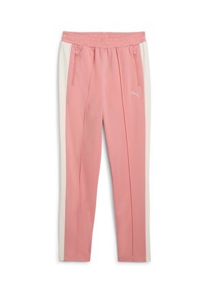 Pantalons de sport roses avec des panneaux latéraux blancs, taille élastique et poches zippées. Fabriqués à partir d'un matériau lisse et flexible.