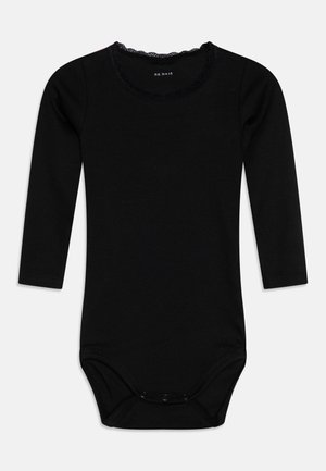Musthave musta pikkade varrukatega bodysuit ribbed kangast, millel on pitsist kaelus ja nööbid all.