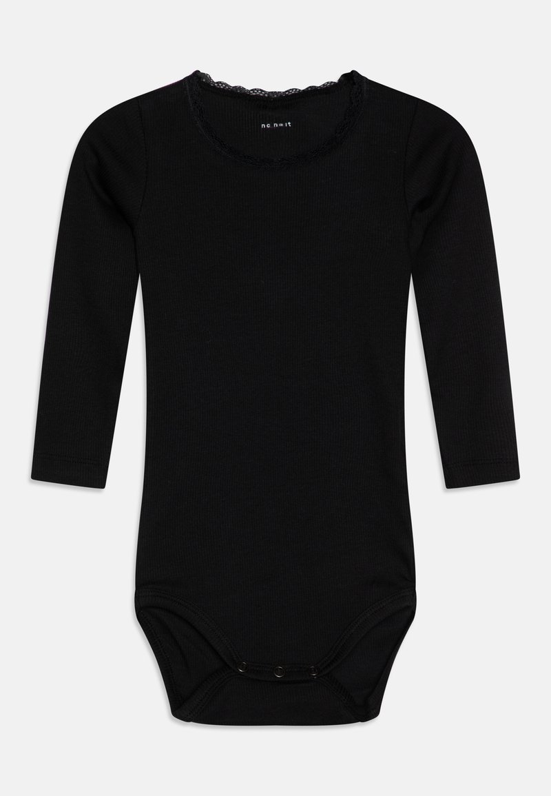 Musthave musta pikkade varrukatega bodysuit ribbed kangast, millel on pitsist kaelus ja nööbid all.