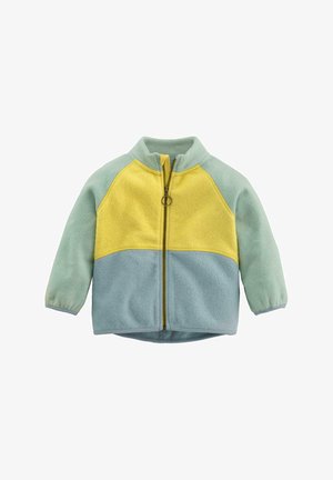 Fleece-Jacke mit Reißverschluss, langen Ärmeln und Farbblockdesign in Pastellgrün, Gelb und Hellblau.