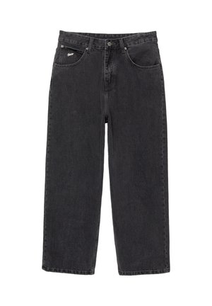 Schwarze Jeans im Straight-Leg-Schnitt mit fünf Taschen und Knopfverschluss, ausgestattet mit einem kleinen weißen Logo auf der rechten Vorderseite der Tasche.