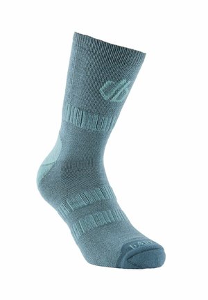Mid-calf blue sock with ribbed sections for support and a small logo near the top cuff, designed for athletic or casual wear.