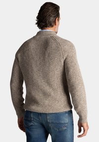 Gebreide trui in beige met geribbelde textuur, hoge kraag en lange mouwen. Gecombineerd met blauwe jeans, wat een casual, aansluitende uitstraling geeft.