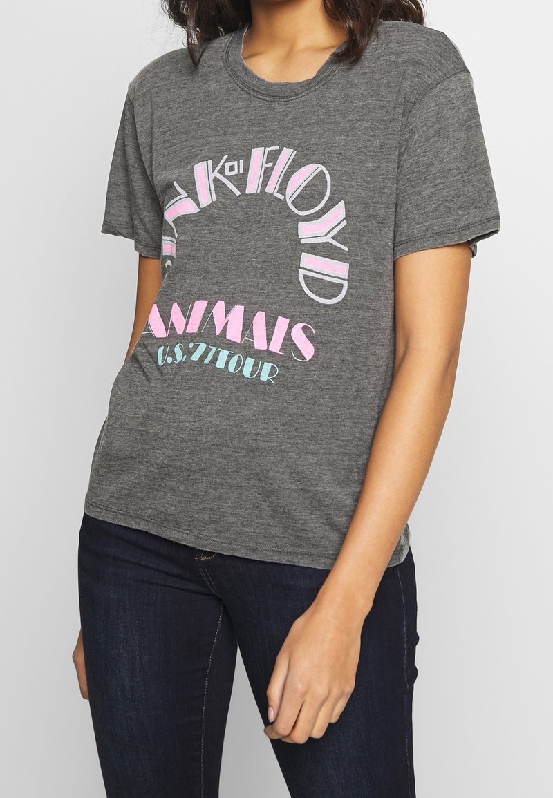 Szara bawełniana koszulka z krótkim rękawem, z wielokolorową grafiką przedstawiającą "Pink Floyd Animals U.S. '77 Tour" w różowym i niebieskim tekście.