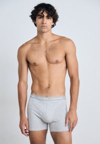 Grau Boxer-Briefs aus weichem Baumwollmaterial mit passgenauer Form. Verfügt über einen grauen Bund mit "BJÖRN BORG" Branding. Glatte Textur über die gesamte Oberfläche.