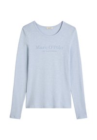 Lichtblauw langemouw t-shirt van een zachte stof. Heeft een ronde halslijn en een "Marc O'Polo" print op de voorkant.