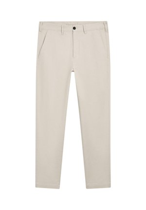 Beige slim fit-bukser med bæltestropper, sidelommer, frontknaplukning og uden synligt logo eller mønstre.