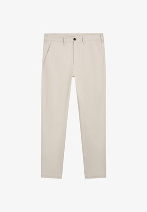 Béžové kalhoty s úzkým střihem, očky na pásek, boční kapsy, přední zapínání na knoflíky, bez viditelných značek nebo vzorů.