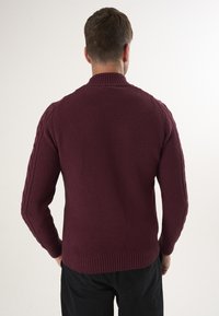 Bordeauxfarbener Strickpullover mit strukturierter Oberfläche, ausgestattet mit einem gerippten Kragen und Kabelstrick-Details an den Ärmeln.