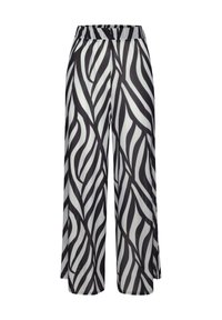 Zwart-witte gestreepte wijd-uitlopende broek met een elastische tailleband, voorzien van golvende strepen die een vloeiend ontwerp creëren. Lichtgewicht stof.