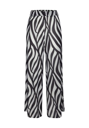 Zwart-witte gestreepte wijd-uitlopende broek met een elastische tailleband, voorzien van golvende strepen die een vloeiend ontwerp creëren. Lichtgewicht stof.