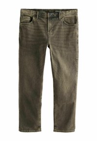 Gerade geschnittene Jeans in Dunkeloliv, aus Denim mit weicher Textur. Verfügt über fünf Taschen, einen Reißverschluss und dezentes Verblassen für einen getragenen Look.