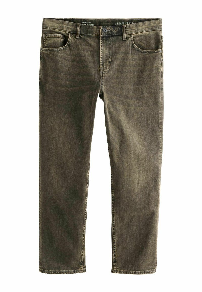 Gerade geschnittene Jeans in Dunkeloliv, aus Denim mit weicher Textur. Verfügt über fünf Taschen, einen Reißverschluss und dezentes Verblassen für einen getragenen Look.