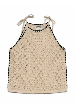 Haut beige en crochet sans manches avec motif en losange et bretelles à nouer, étiqueté "AWARE", posé à plat sur fond blanc.
