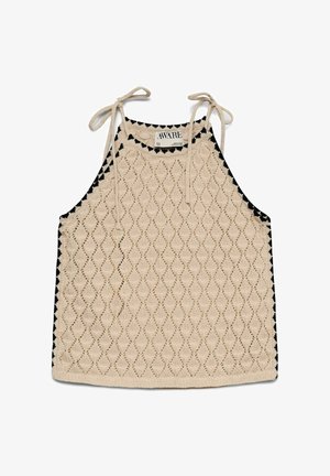 Bēša tamborēta bezroku topiņš ar dimanta rakstu un sasienamām lencītēm, ar uzrakstu "AWARE", izklāts uz baltas virsmas.