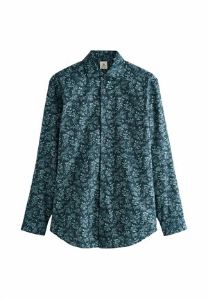 Tmavě zelená košile s dlouhým rukávem a knoflíky, světlý modrý květinový vzor a klasický límeček, položená na bílem pozadí.