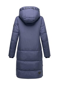 Long, puffy parka in soft blue fabric with a hood, featuring a logo on the back and ribbed cuffs for warmth and style.