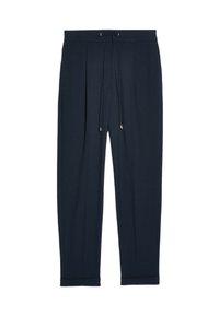 Marine joggers met plooien, elastische tailleband en trekkoord met metalen uiteinden. Zacht materiaal en taps toelopende benen, minimale stikdetails.