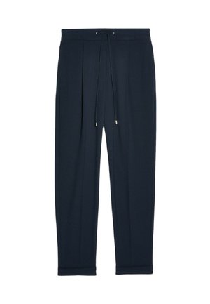 Pantalon de jogging navy avec plis, taille élastique et cordon avec embouts en métal. Tissu doux et jambes fuselées, détails de couture minimaux.