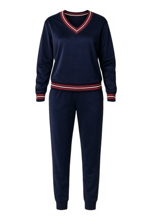 Sininen urheilupuku, joka on valmistettu pehmeästä materiaalista. Sisältää V-pääntie-paidan, jossa on raidalliset yksityiskohdat sekä yhteensopivat jogger-housut, joissa on ribattu hihna.