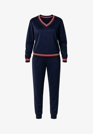 Navy tracksuit set made of soft material. Features a V-neck sweatshirt with striped accents and matching jogger pants with ribbed cuffs.