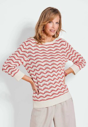 Strickpullover mit Wellenmuster in Rot und Weiß, lockere Passform, gerippte Ärmelbündchen und Saum, aus leichtem strukturiertem Stoff gefertigt.