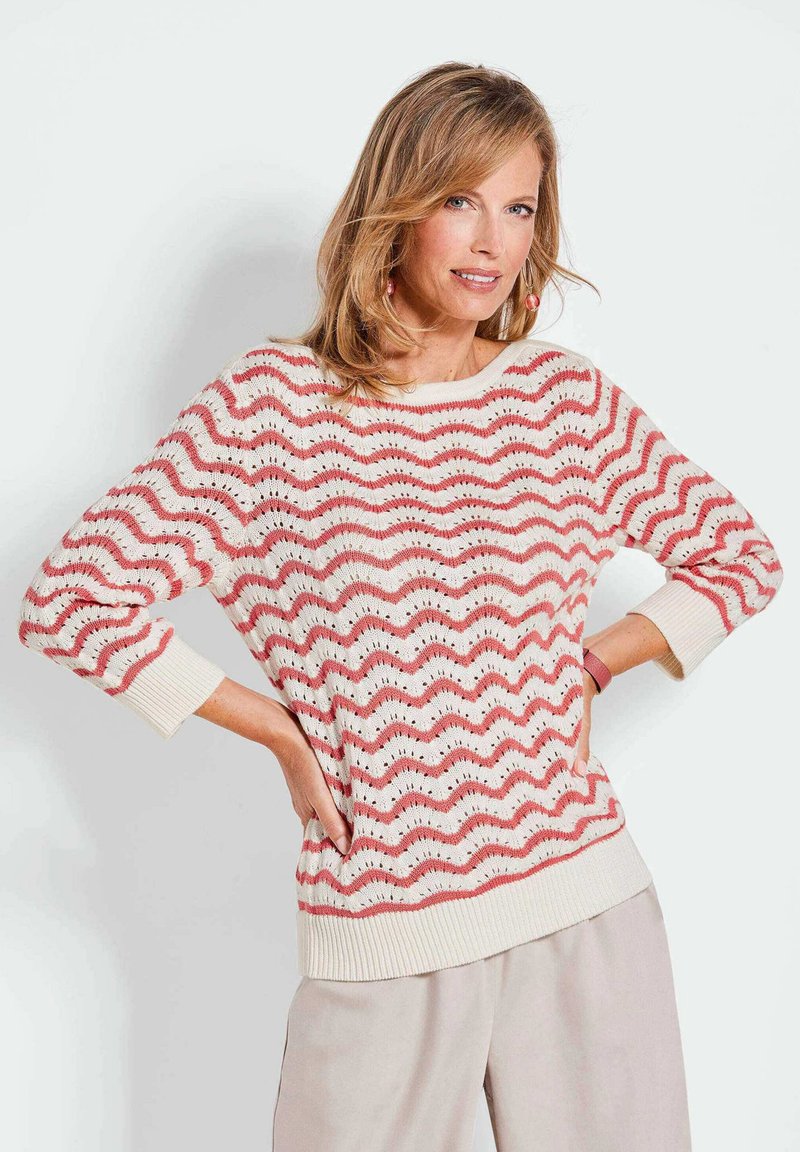 Strickpullover mit Wellenmuster in Rot und Weiß, lockere Passform, gerippte Ärmelbündchen und Saum, aus leichtem strukturiertem Stoff gefertigt.