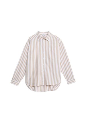 Gestreepte lange mouw shirt in crème en lichtbeige, met knoopsluiting aan de voorkant, één borstzak, gebogen zoom, lichtgewicht stof.