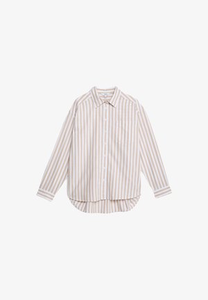 Camicia a maniche lunghe a righe in crema e beige chiaro, chiusura con bottoni, taschino sul petto, orlo arrotondato, tessuto leggero.