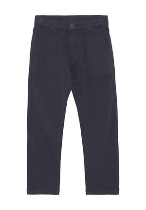 Dunkelblaue Baumwollhosen mit geradem Schnitt, ausgestattet mit zwei Vordertaschen, flachem Bund und einem Knopfverschluss an der Taille.