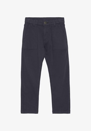 Dunkelblaue Baumwollhosen mit geradem Schnitt, ausgestattet mit zwei Vordertaschen, flachem Bund und einem Knopfverschluss an der Taille.