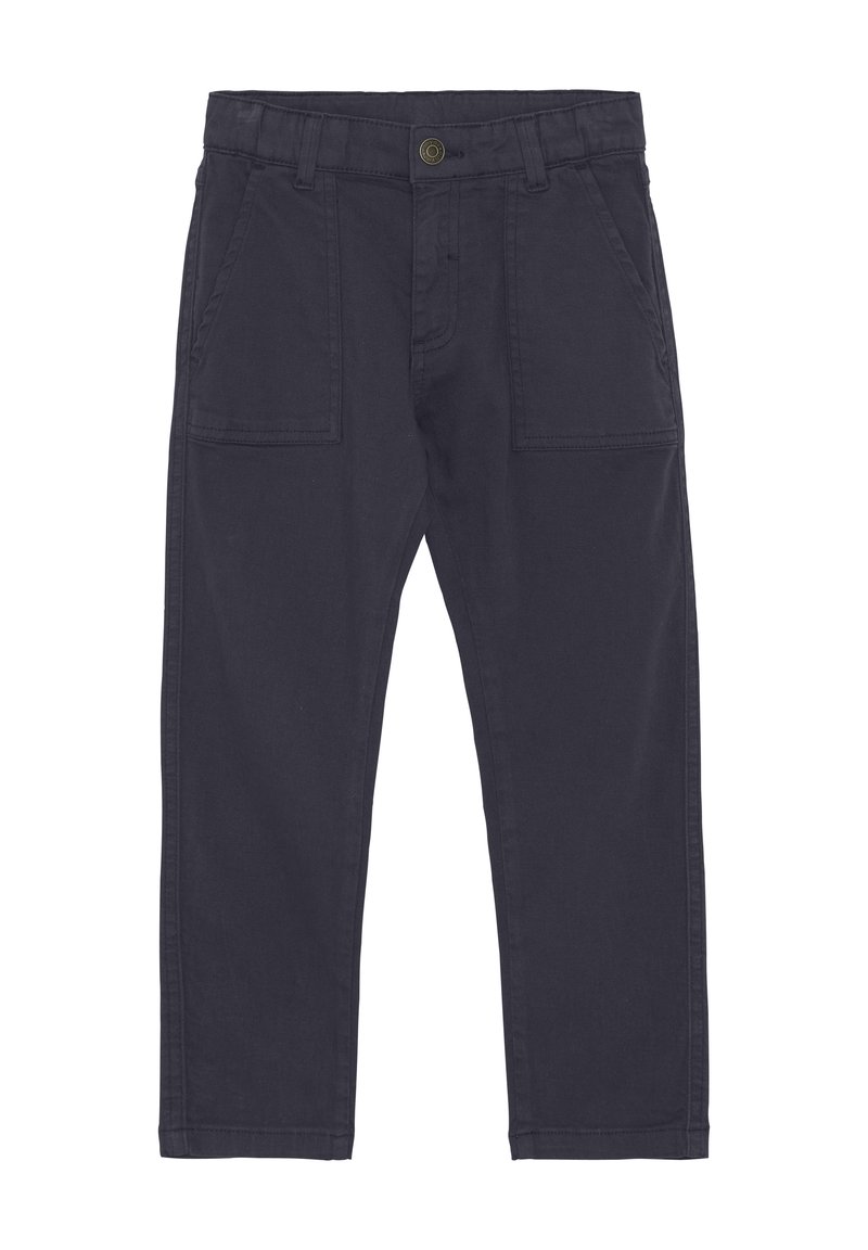 Marineblauwe katoenen broek met een rechte pasvorm, voorzien van twee voorzakken, een platte voorkant en een knoopsluiting in de taille.