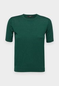 Grøn kortærmet striktrøje med ribbet rund hals og kant. Stoffet fremstår glat med en let glans, hvilket giver en tætsiddende silhuet.