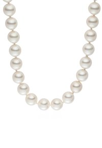 White pearl necklace with uniform spherical beads, smooth texture, strung together. Minimalist design with no visible hardware or accents.